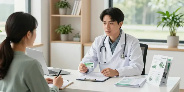 Patient consults with doctor about obtaining an OK MMJ card in a welcoming environment.