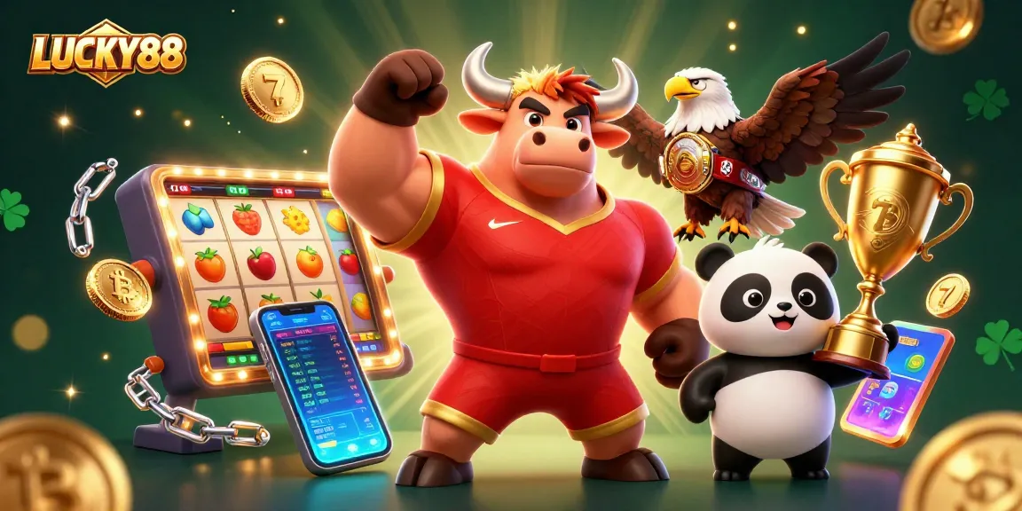 Experience the thrill of LUCKY88 with a vibrant 3D illustration featuring a bull, eagle, and panda celebrating wins.