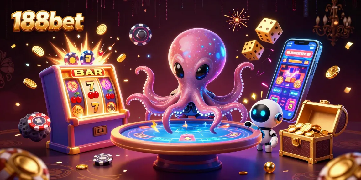 Join the excitement at 188bet with a vibrant casino scene featuring alien octopus and poker chips.