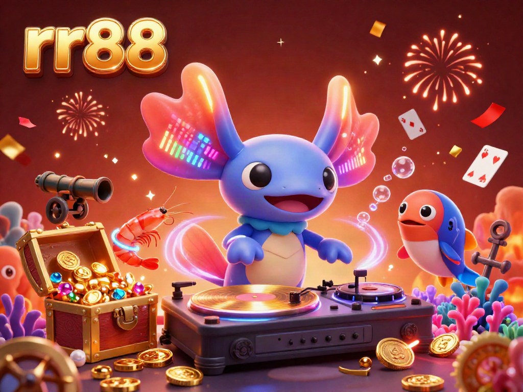 Experience rr88's exciting casino atmosphere with a vibrant scene featuring an axolotl DJ and colorful sea creatures celebrating.