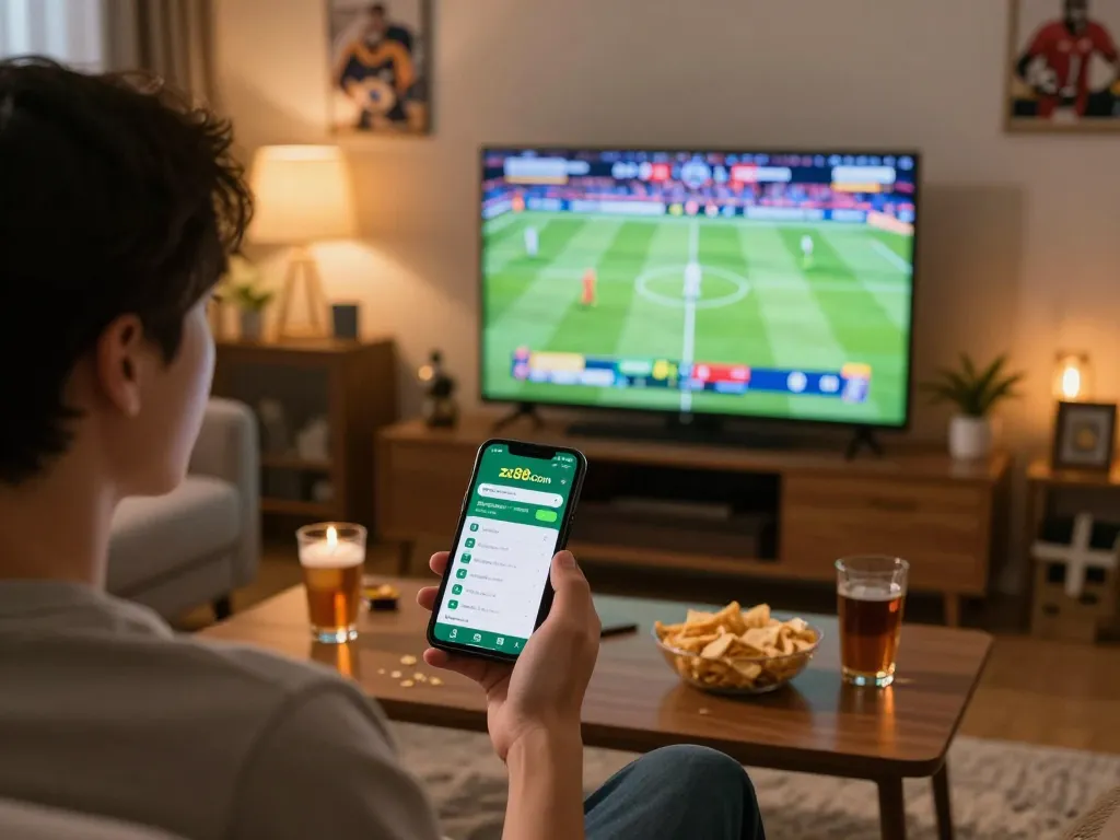 Person engaging with the zx88com mobile betting app while watching live sports.