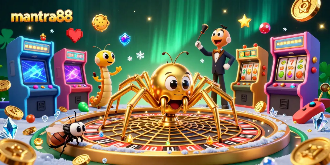 Experience the thrill of mantra88 with a spider-themed roulette wheel and vibrant arcade elements.