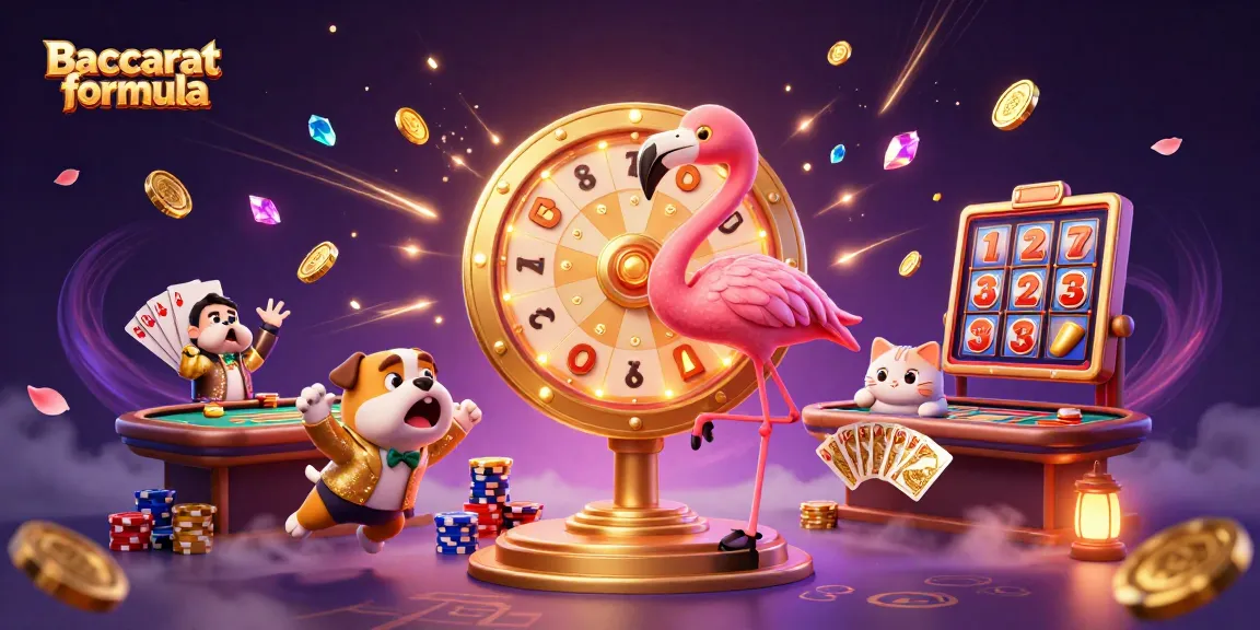 Baccarat formula scene with 3D flamingo host, bulldog contestant, and cat assistant at a baccarat table.