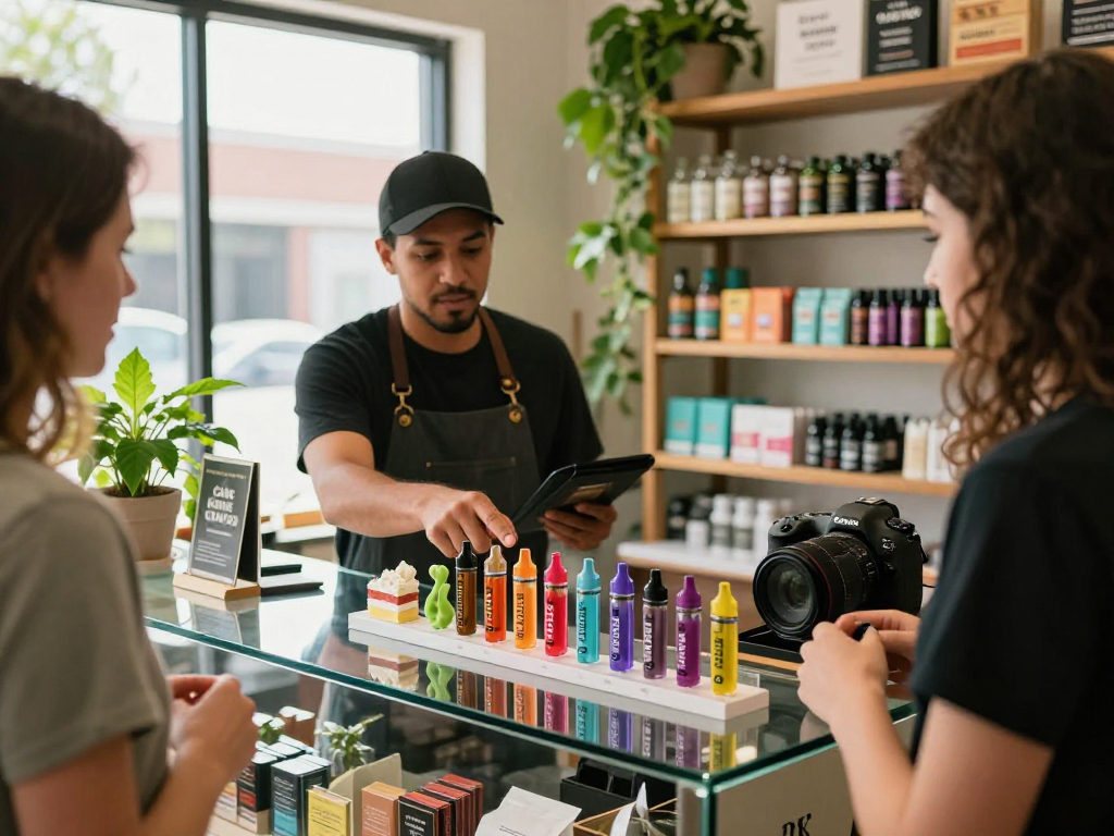 Customers exploring Cake cart vape cartridge selection in a vibrant dispensary.
