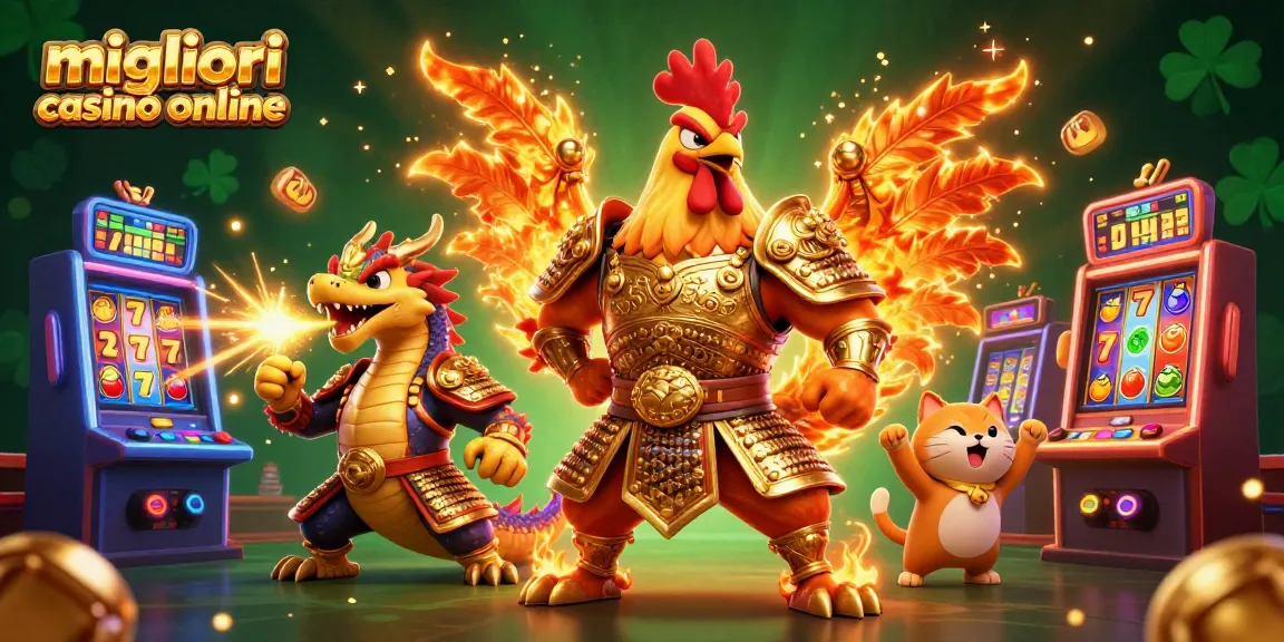 Mostrando i migliori casinò online con una scena dinamica che presenta un guerriero gallo cartone e un drago tra le slot machine.
