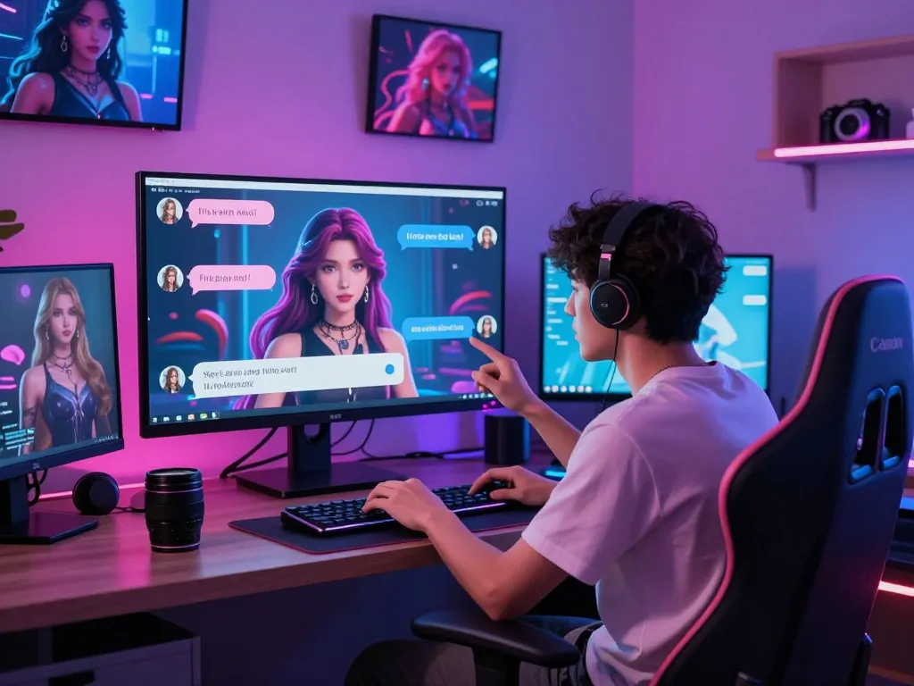 Engaging with an NSFW AI character in a vibrant chat room setting, showcasing digital interaction and virtual relationship dynamics.