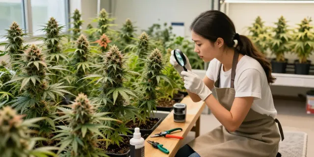 Cannabissamen kaufen in a vibrant indoor garden with a gardener inspecting healthy cannabis plants.