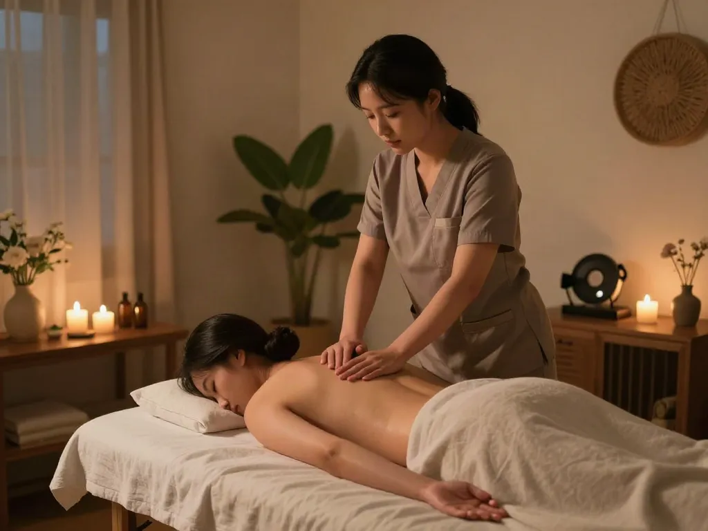 용산출장마사지 treatment in a serene private home setting with a professional therapist and calming decor.