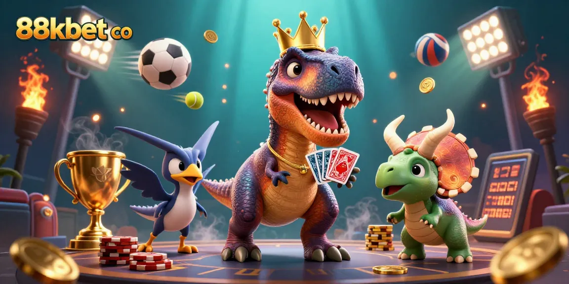 Experience vibrant casino action with 88kbet co as dinosaurs play games and shuffle cards.