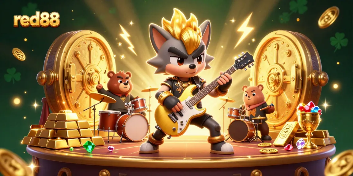 Experience the thrill at red88 as a rock star wolf shreds on guitar amid golden treasures