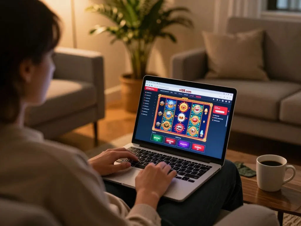 Engaged player exploring vt88 com slot games on a laptop in a cozy home environment.