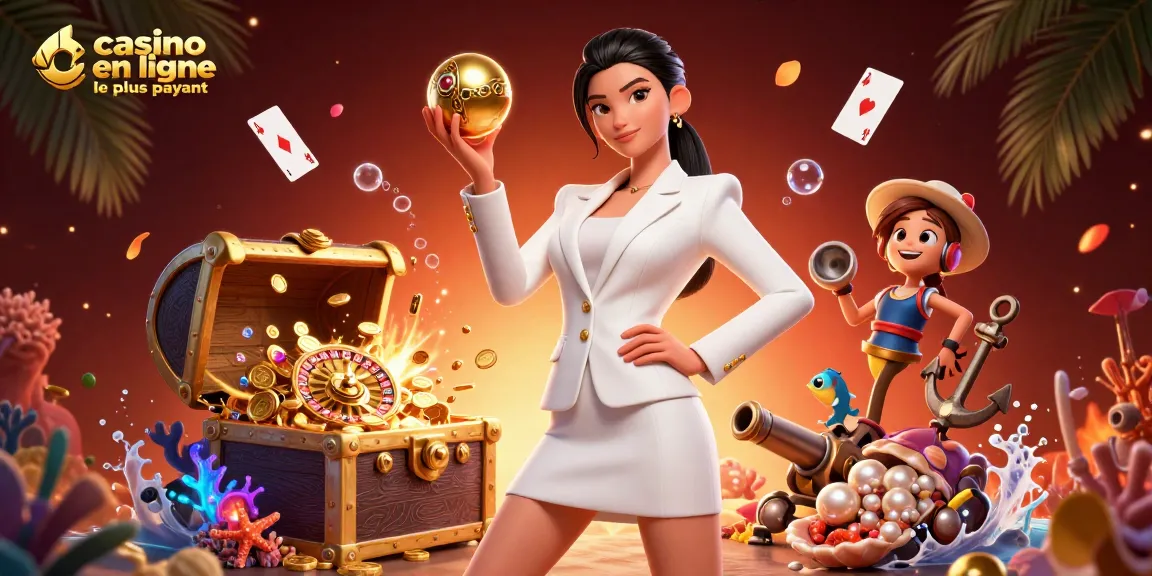 L'illustration met en avant un casino en ligne le plus payant avec une femme asiatique tenant un ballon de roulette avec assurance, entourée d'éléments de casino de luxe.