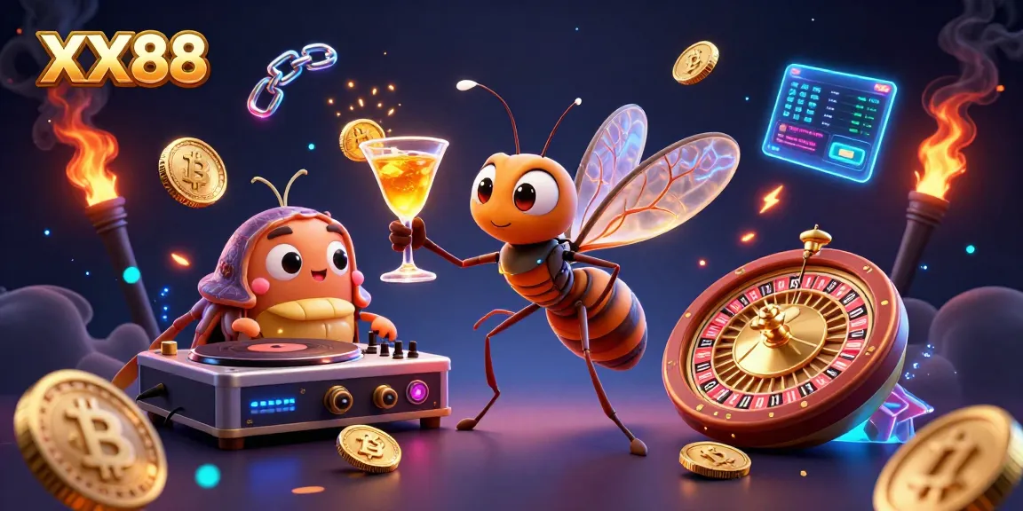Engage with the exciting world of XX88, where a majestic mosquito mascot meets trendy crypto elements amidst vibrant gaming visuals.