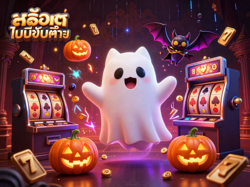 Experience the thrill of สล็อตไม่มีขั้นต่ำ with a ghost cat in a vibrant casino scene filled with slot reels and glowing pumpkins.