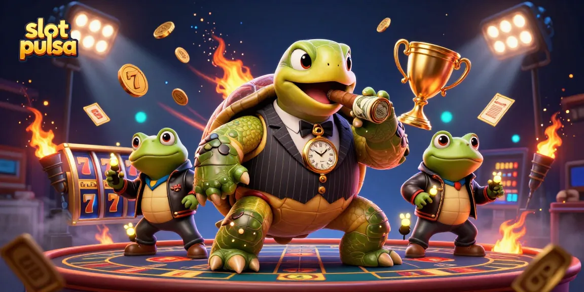 Mengalami keseruan slot pulsa dengan karakter penyu besar dalam setelan mafia, dikelilingi elemen judi yang menarik.