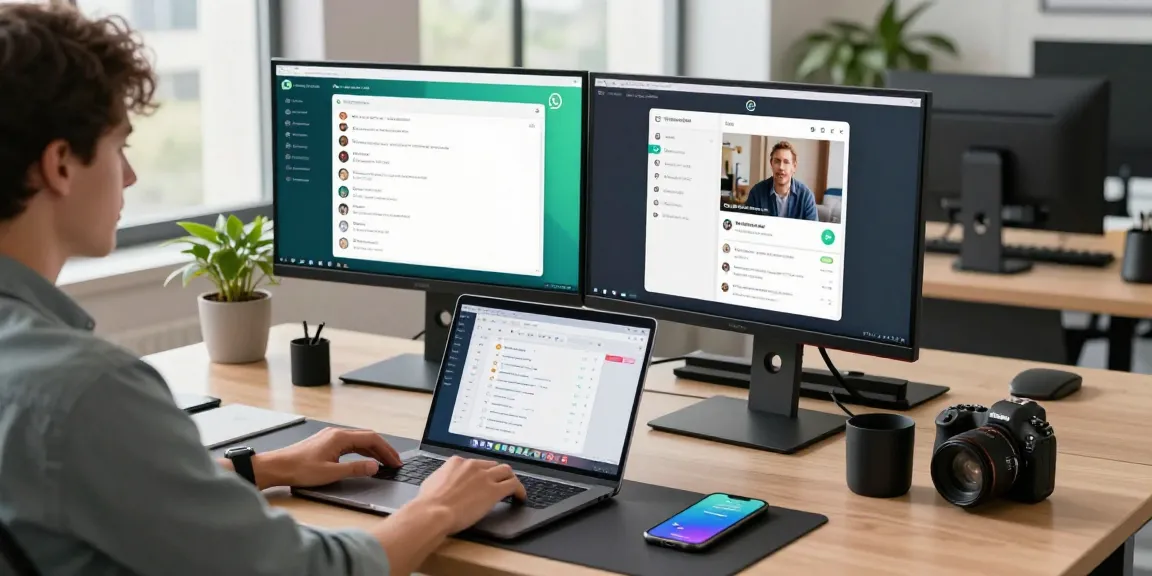 Person utilizing WhatsApp電腦版 in a modern workspace, showcasing tech collaboration.