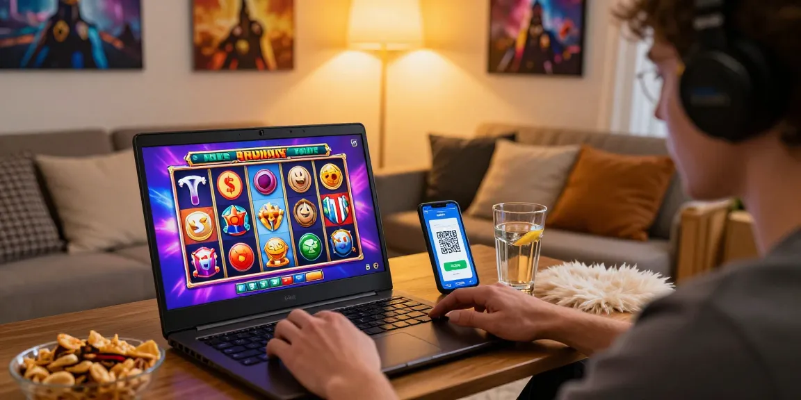 Engaging scene of player with slot deposit 5000 online, enjoying vibrant slot game in cozy setting