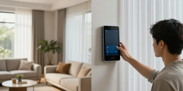 پرده برقی هوشمند being controlled from a smartphone in a modern living room.