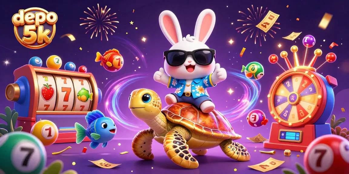 Experience the thrill of depo 5k with a lucky rabbit and golden turtle in a lively casino scene.