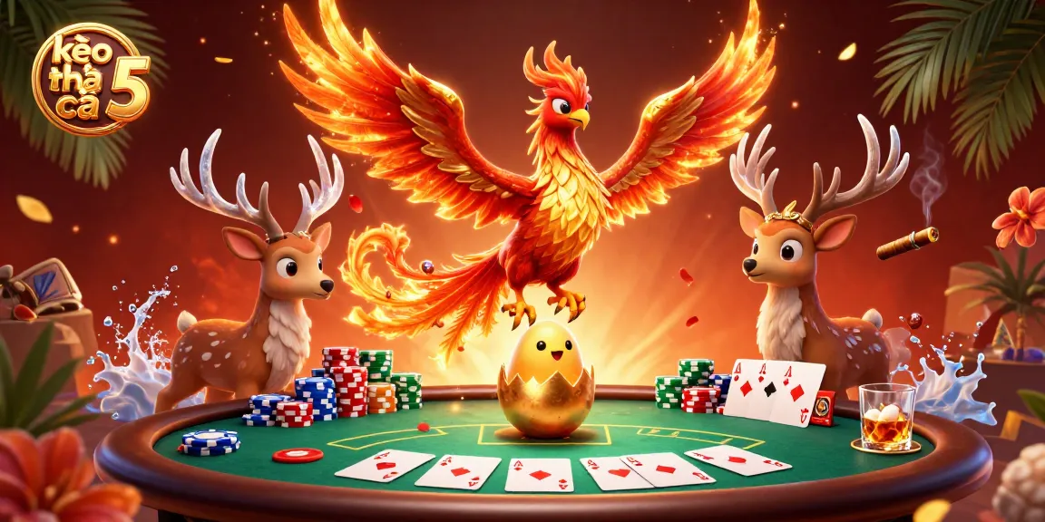 Bet on kèo nhà cái 5 with a vibrant 3D illustration of mythical characters and poker elements.