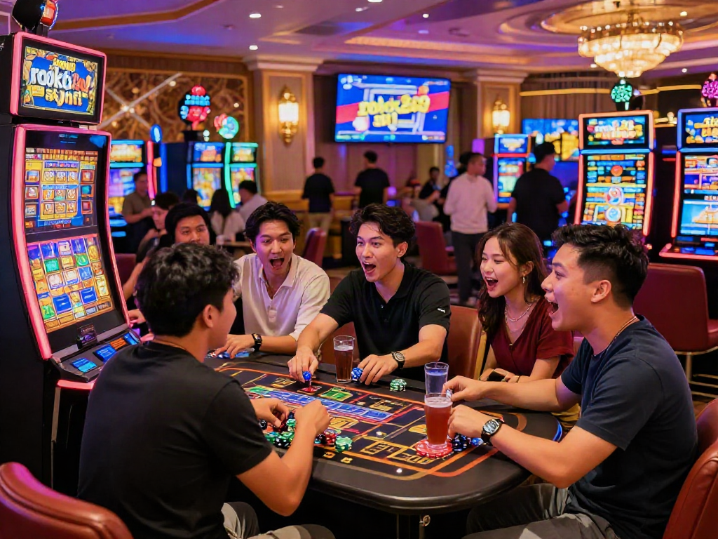 Excited players engaging with the rokok88 slot machine in a vibrant casino lounge.