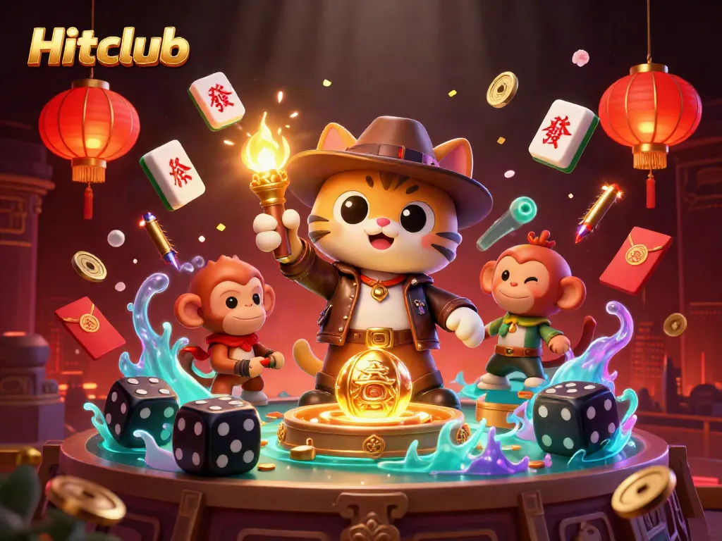 Hitclub's 3D cartoon explorer and monkey companion uncovering a golden casino artifact in an ancient temple.