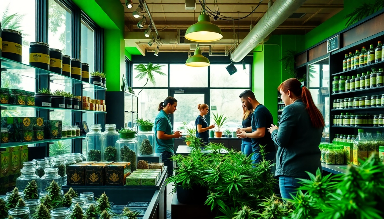 Visit this vibrant Weed Store inside, featuring engaging displays and happy customers.