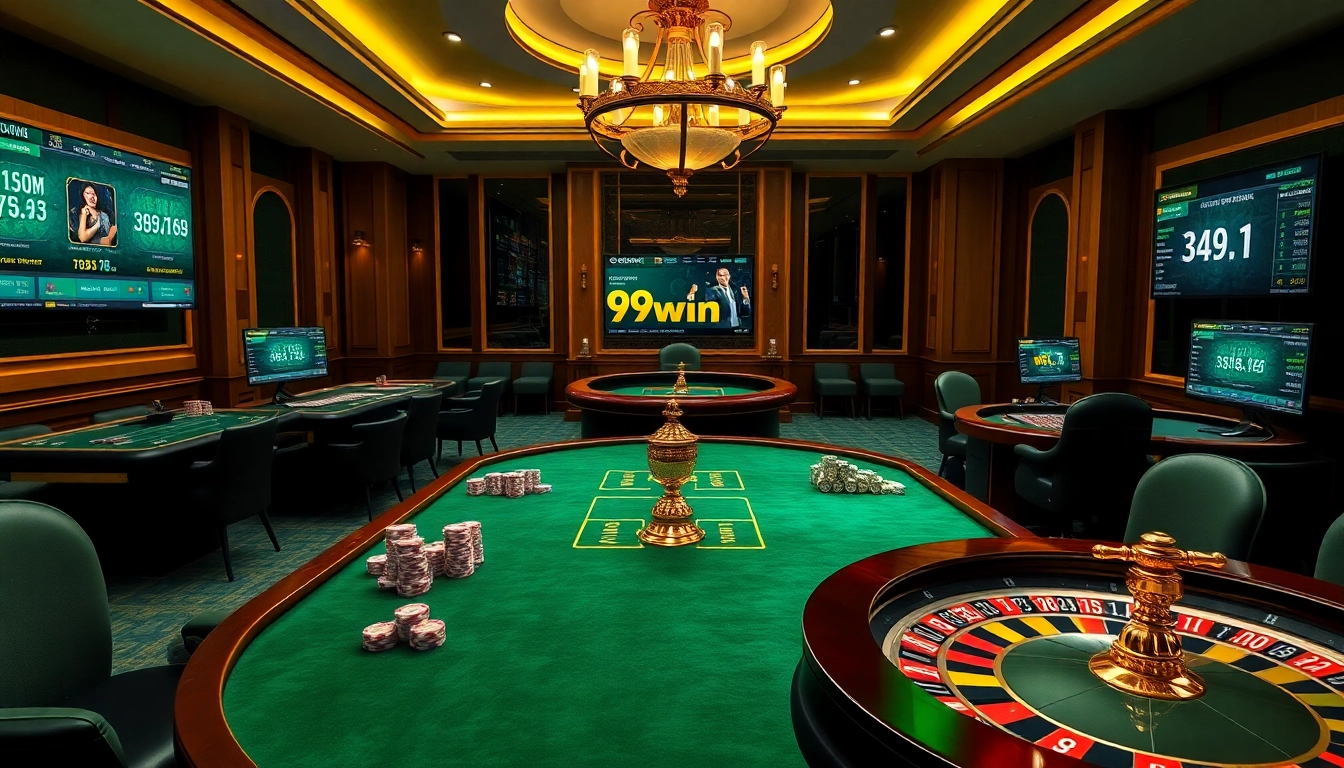 Experience thrilling gameplay with 99win in a luxurious online casino setting featuring sleek tables and vibrant chips.
