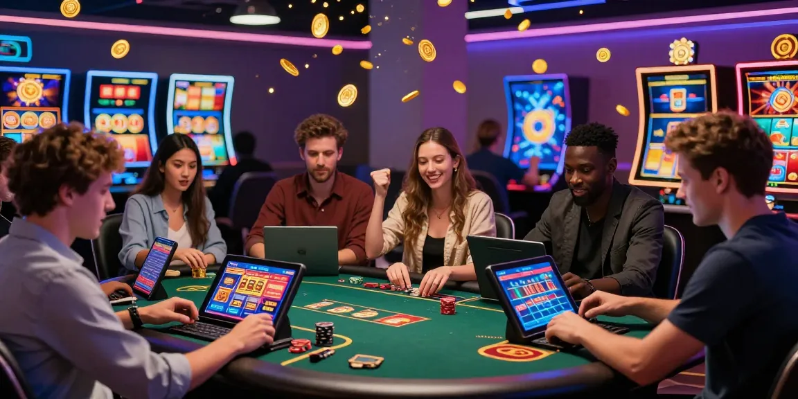 Expérience de casino en ligne passionnante avec des joueurs profitant des jeux au casino en ligne le plus payant, lumières colorées et effets numériques vibrants.