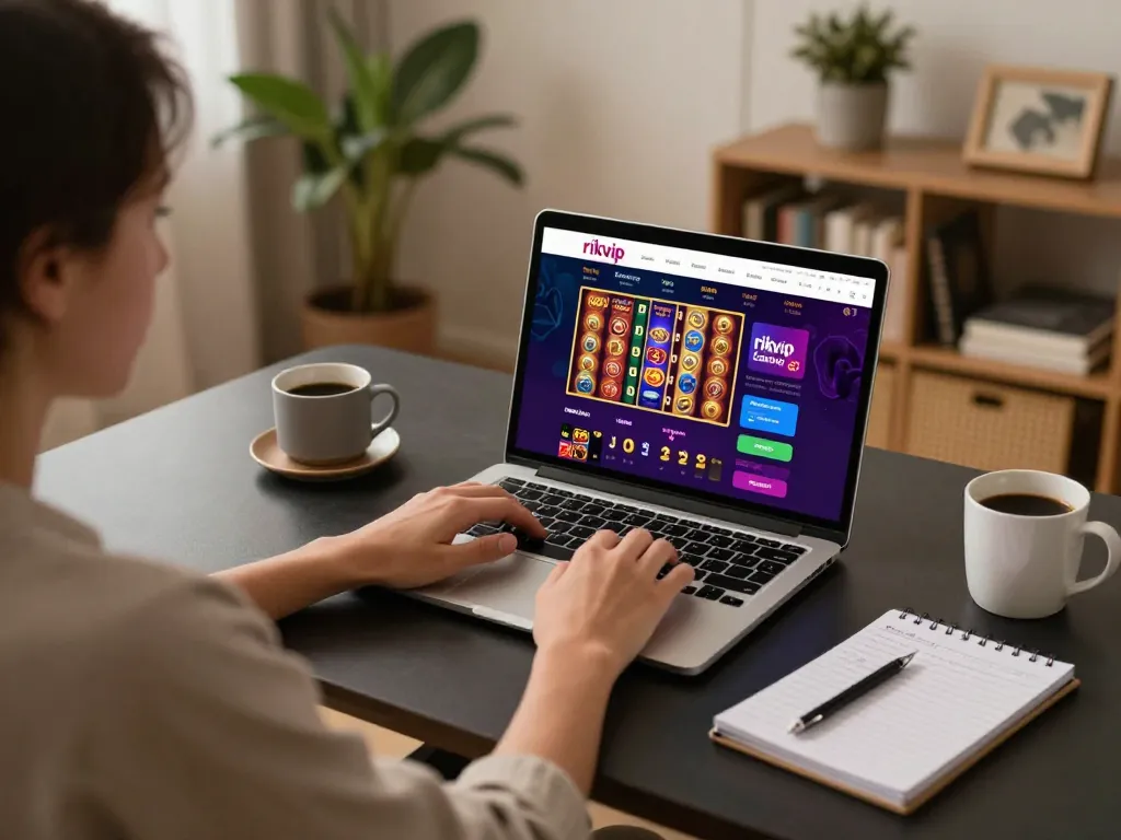 Engaging in online gaming at rikvip, showcasing a cozy home setup with strategic betting notes.