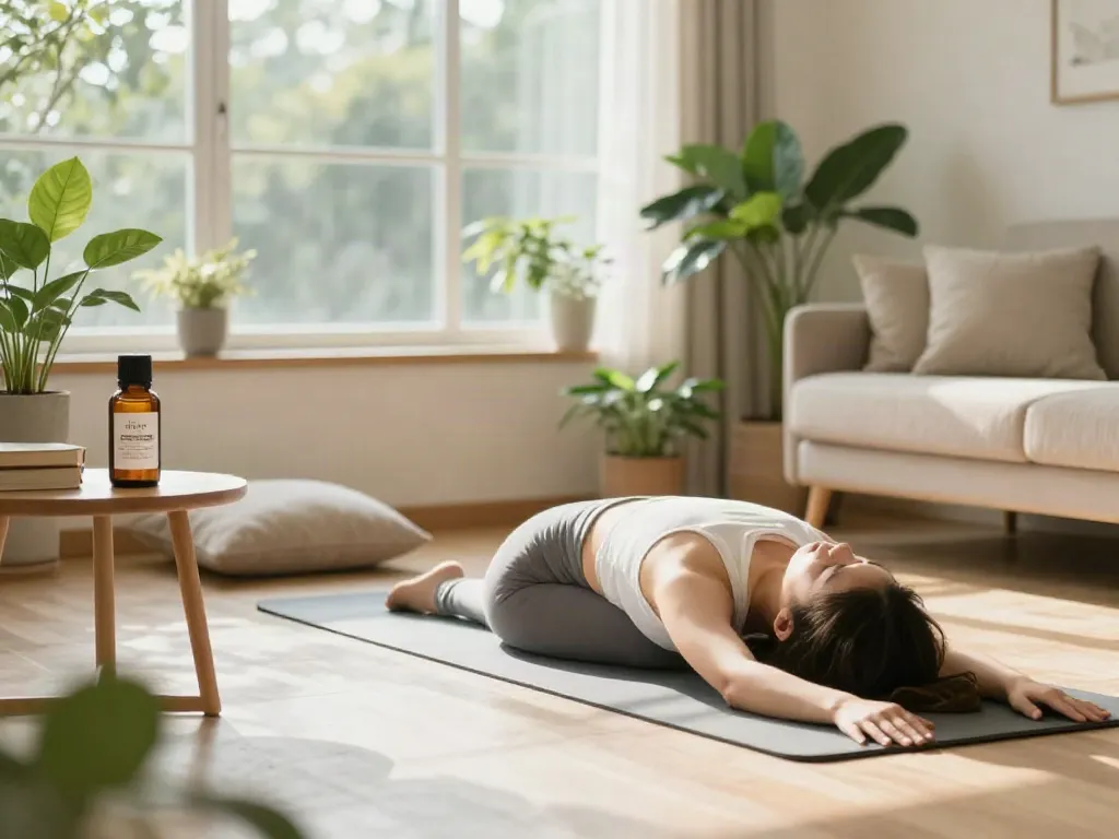 Online dispensary that ships to all states CBD oil bottle next to yoga mat in a peaceful wellness setting.