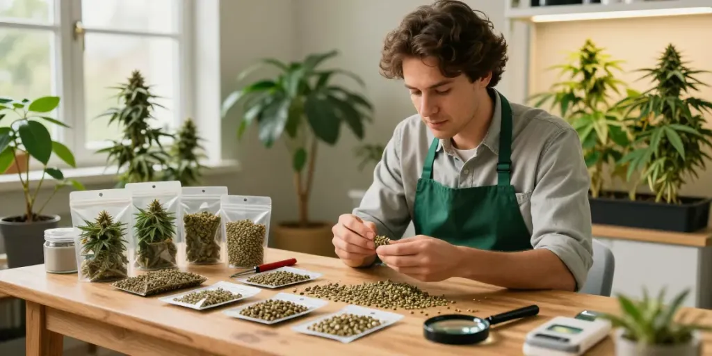 Cannabis seed selection process showcasing gardener examining premium seeds, bright grow room atmosphere.