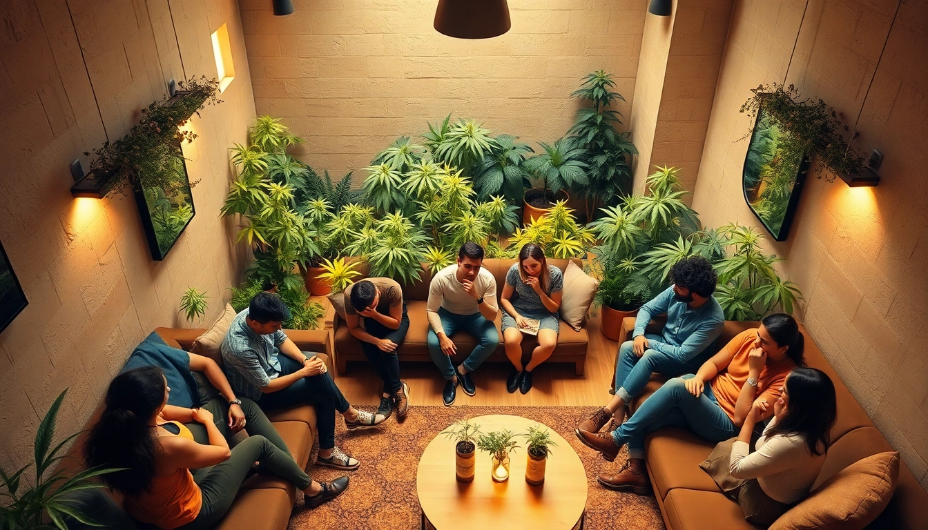 Engaging scene of members socializing in a cannabis social club with vibrant decor and greenery.