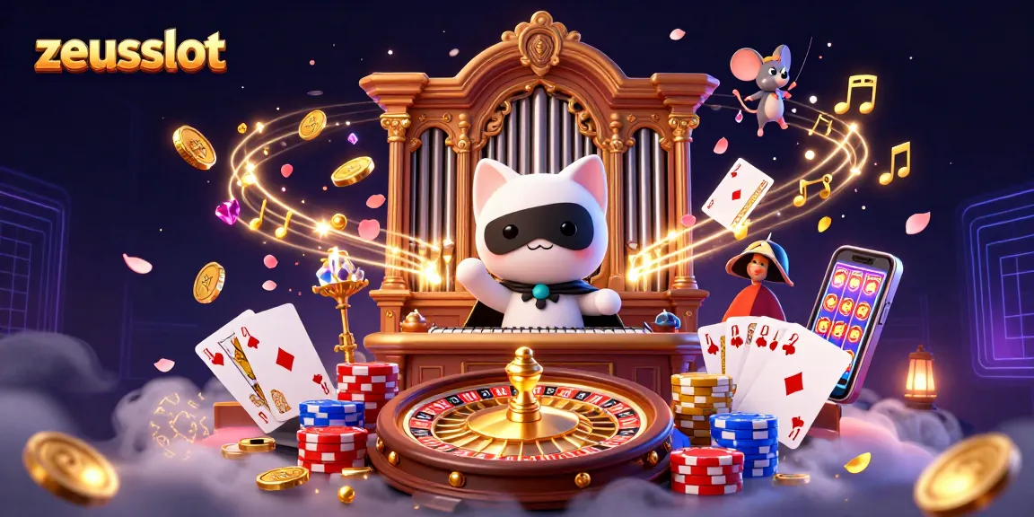 Experience zeusslot thrills with 3D animated characters and casino elements in a vibrant scene.