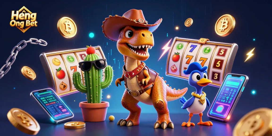 Join the exciting fun at Heng Ong Bet with a vibrant slot machine scene featuring cartoon characters.
