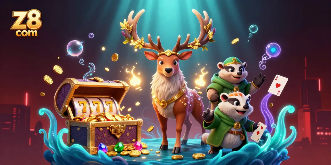 Experience winning thrills at z8 com with dynamic 3D illustration of Celtic stag and casino elements.