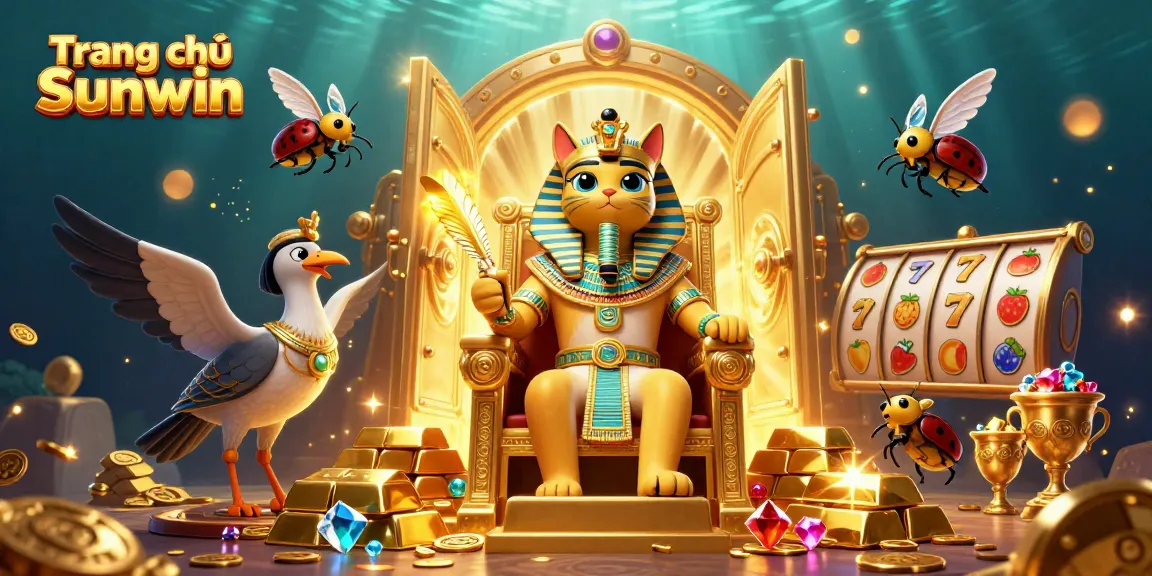 Engage with Trang chủ Sunwin's dynamic casino world featuring sparkling slot reels and Egyptian-themed characters.