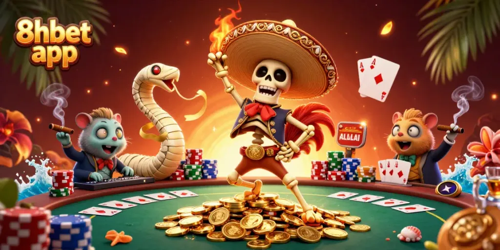 Celebre 8xbet app with a skeleton, mummy, and hamster in a vibrant casino scene celebrating wins.