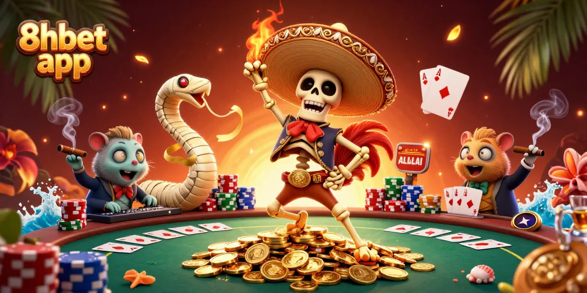 Celebre 8xbet app with a skeleton, mummy, and hamster in a vibrant casino scene celebrating wins.