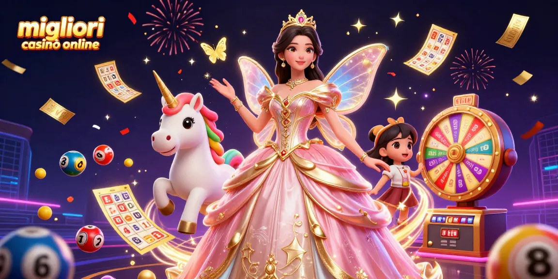 Scopri l'emozione dei migliori casinò online con immagini festive di palline della lotteria, biglietti d'oro e personaggi vivaci.