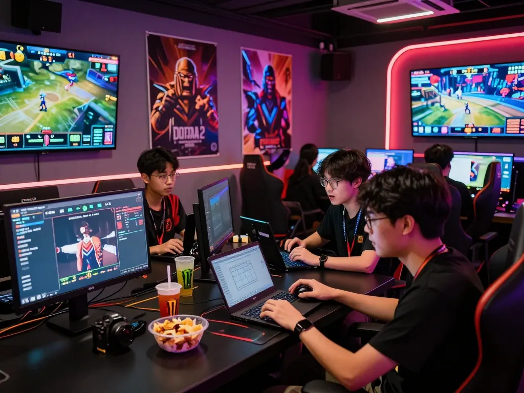 Esports betting Singapore scene with gamers cheering in a vibrant lounge, highlighting tournament excitement.