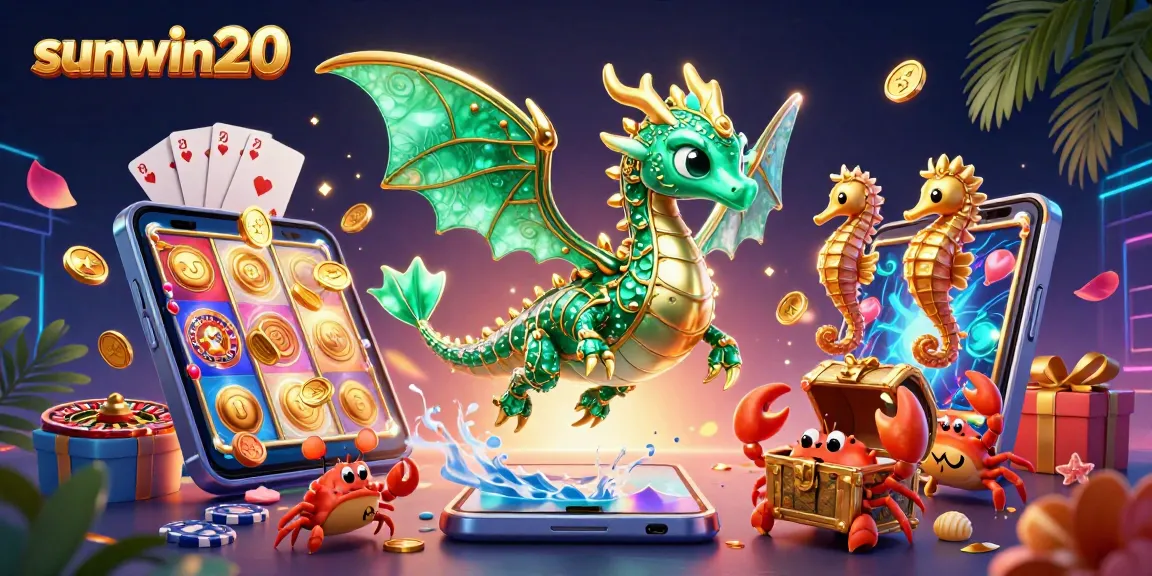 Experience the thrilling game of sunwin20 with vibrant illustrations of a sea dragon, treasure, and energetic casino elements.