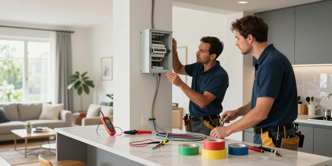 Team of electricians performing a home rewire in a stylish kitchen, measuring and preparing wiring components.