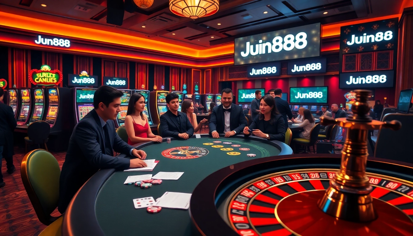 Action-packed scene of players engaging with Jun888 at a high-stakes casino table surrounded by vibrant gaming elements.