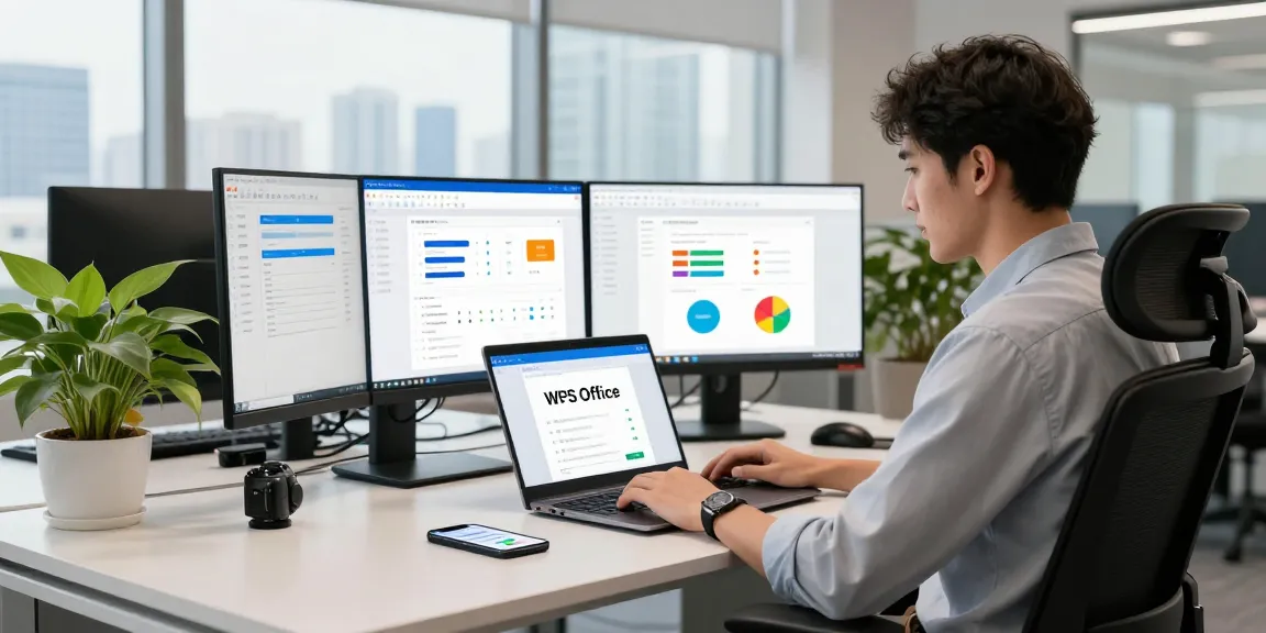 Download WPS Office on a high-resolution laptop in a modern office workspace.