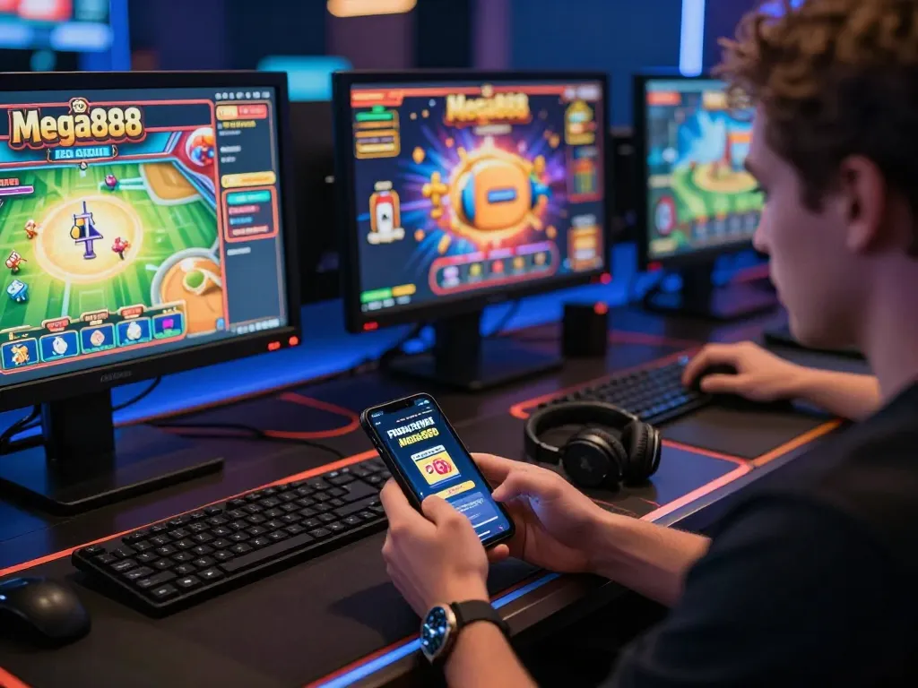 Engaging in online gaming with free credit mega888 on smartphone in a professional setup.