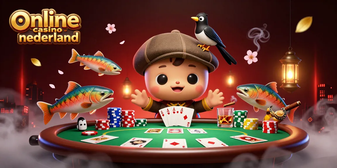 Play at online casino nederland with a charming cartoon scene featuring Nessie, a magpie, and salmon amidst poker elements.