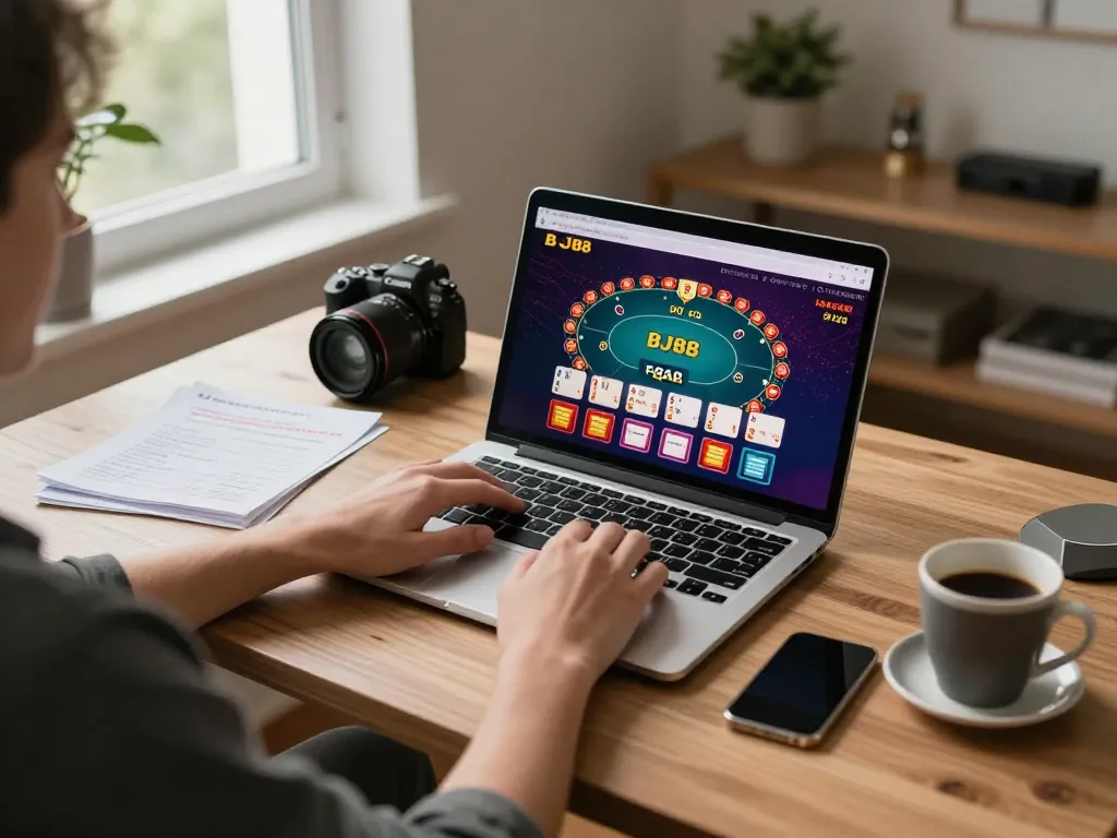 BJ88 online player strategizing gameplay in stylish home setting, showcasing laptop poker interface.