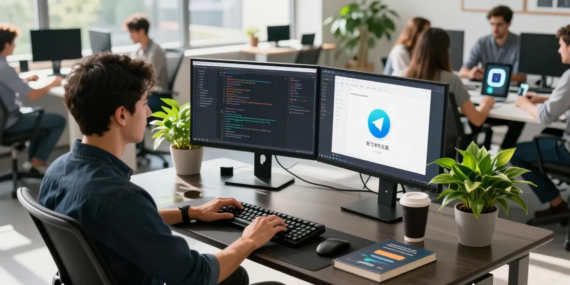 Software developer immersed in coding projects related to 纸飞机中文版, modern workspace with tech gadgets and collaborative environment.
