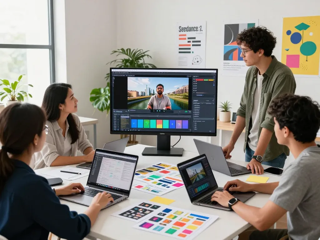 Group of creators using seedance 2.0 in a bright, innovative video studio.